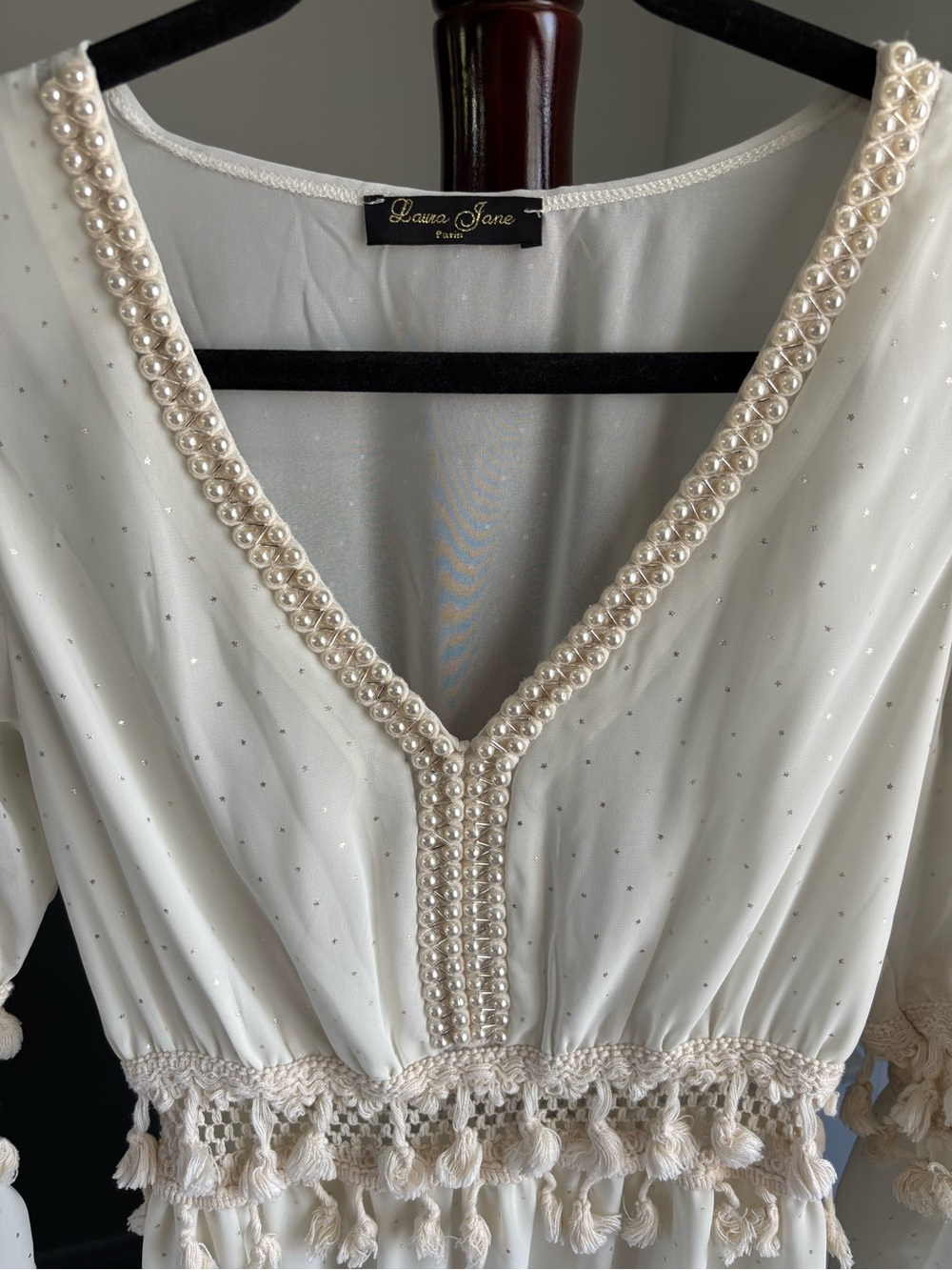 Ivory Bell-Sleeve Tassel Trim Dress - Picture 4 of 6